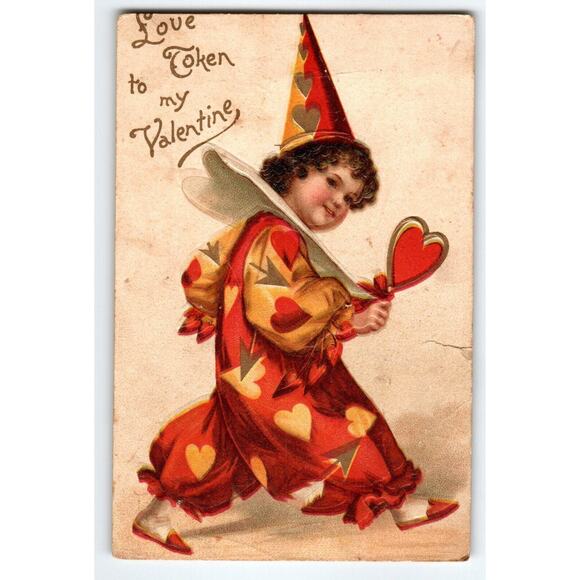 Valentine Postcard Heart Suit Clown Child Love Token Unsigned Ellen Clapsaddle - Picture 1 of 2